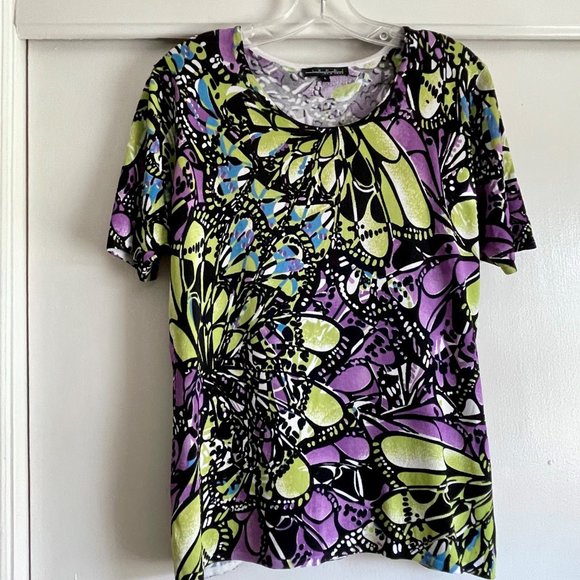 Pierre New York Short Sleeve Scoop Stretch Knit Top Abstract Fall Multicolor L - Picture 2 of 8